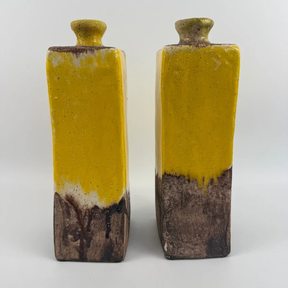 Vintage Studio Pottery Square Bottles Pair Mustard Yellow Drip Glaze Modern